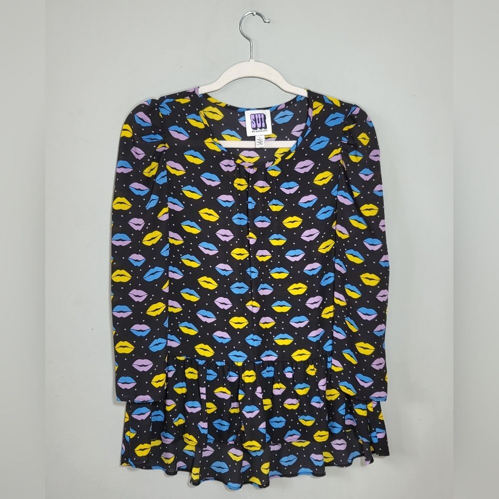 SUI by Anna Sui Retro Novelty Lips Blouse Polka Dot Flowy Top Size Small